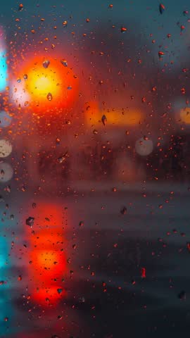Vertical video showing rain droplets sliding down glass at dusk with neon reflections