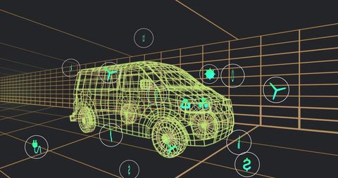3D Van Model with Futuristic Digital Icons on Black Background - Download Free Stock Images Pikwizard.com