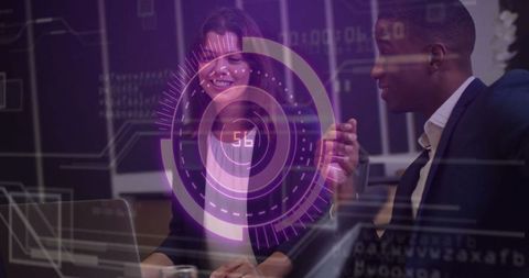 Business Professionals Discussing Digital Innovation with Holographic Interface