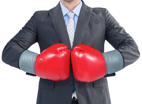 Businessman Wearing Red Boxing Gloves on Transparent Background