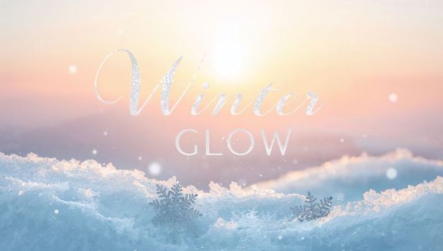 Winter glow sunrise over snowdrift with sparkling frost and decorative snowflakes pastel