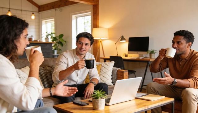Team discussing remote project over coffee in warm home office