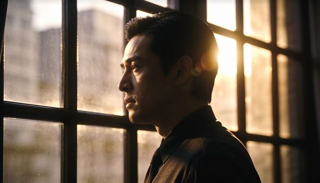 Asian businessman gazing through industrial window at golden hour contemplative portrait