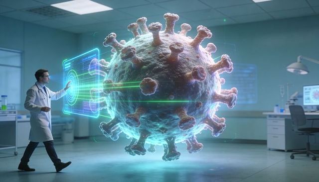 Scientist manipulating 3d virus hologram using holographic control panel in futuristic lab