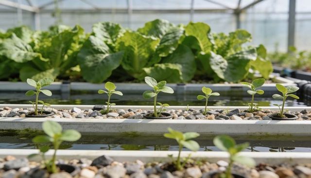 Hydroponic seedlings growing in greenhouse nutrient film channels with lettuce background