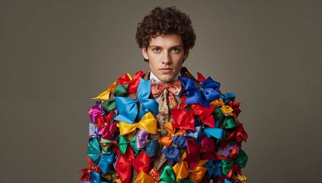 Male model posing wearing couture bow-covered coat and floral tie for fashion editorial