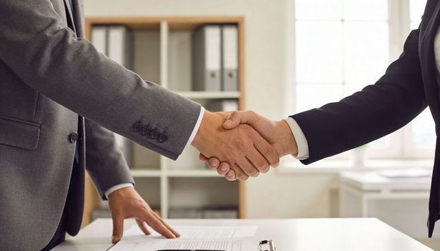 Shaking hands across desk sealing business agreement with contract and clipboard