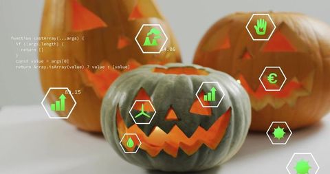 Tech Halloween jack-o'-lantern glowing with green hex HUD overlays, data charts and code