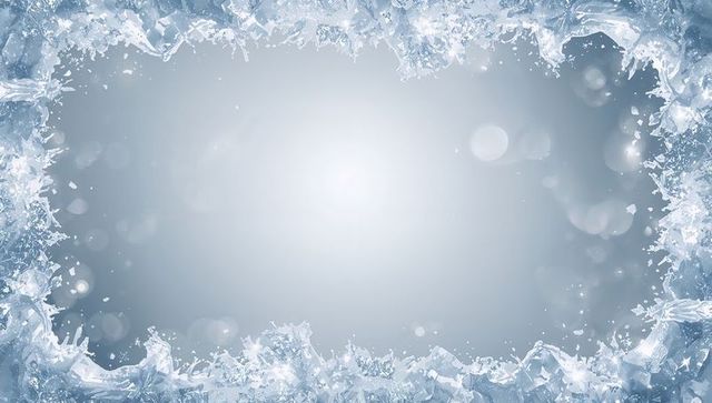 Icy crystal border framing glowing pale blue gradient with bokeh, frost and winter