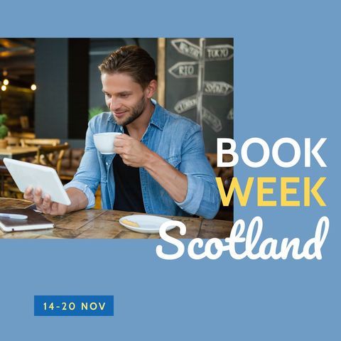 Man Enjoying Coffee While Reading on Tablet During Book Week Scotland - Download Free Stock Templates Pikwizard.com