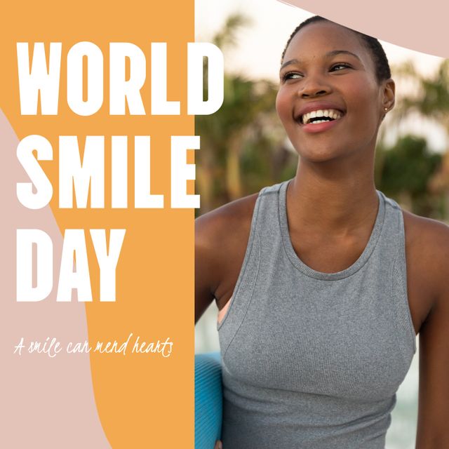 This composition is perfect for social media posts and campaigns that promote positivity, World Smile Day events, mental health awareness, and general well-being. The image of a smiling African American woman inspires joy and encouragement, making it suitable for use in advertisements, wellness blogs, and motivational content.