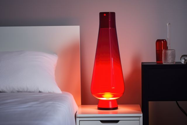 Red lava lamp on bedside table in bedroom at night, created using generative ai technology. Retro, psychedelic, relaxation and interior decoration lamp concept digitally generated image.