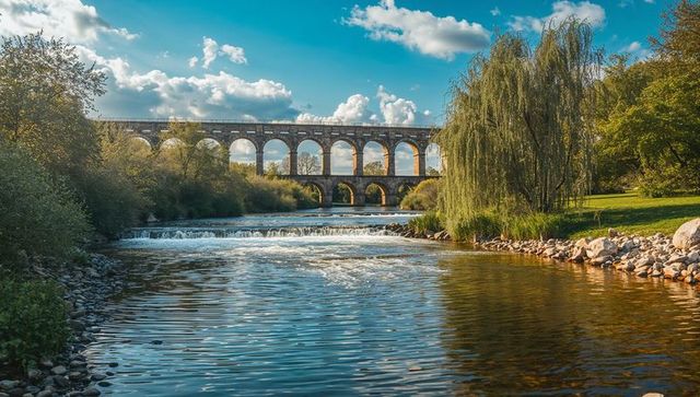 Stone viaduct arching over river with willow and rocky shoreline, reflective tranquil scene