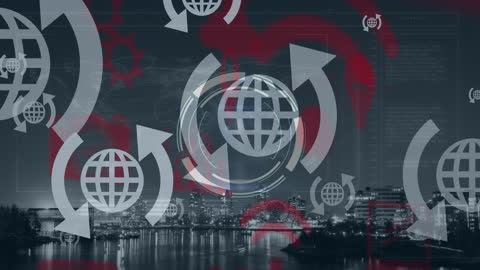 Global Network Technology Overlay on Urban Cityscape