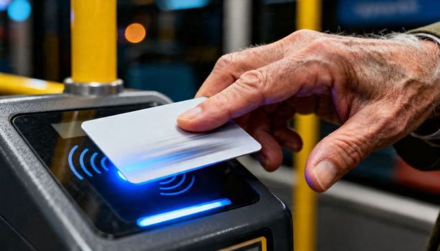 Senior tapping contactless card on bus fare validator with blue nfc glow and urban commute