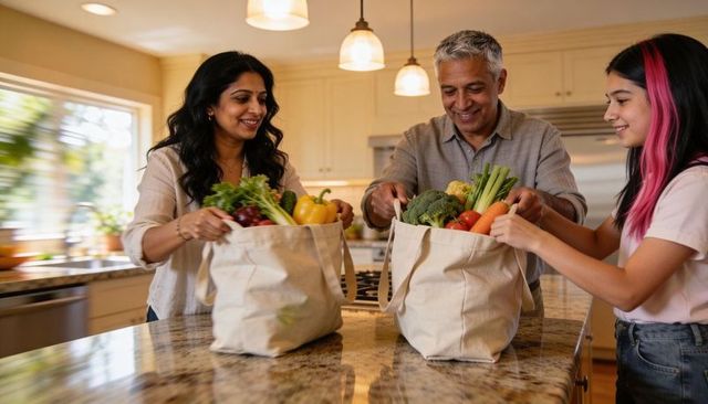 Family unpacking fresh grocery bags in warm kitchen with reusable canvas bags