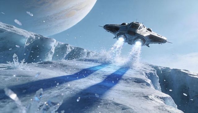 Hovering starship emitting blue plasma plumes over frozen exoplanet plateau