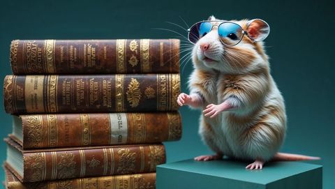 Trendy hamster wearing aviator sunglasses with vintage books