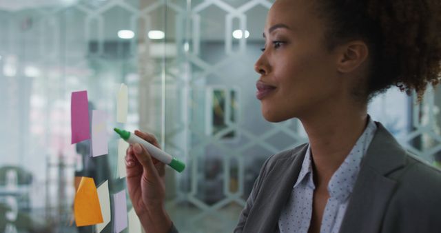 Biracial businesswoman writing with green marker on memo note on transparent board in office. business professional and working in busy modern office.
