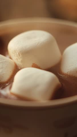 Vertical video: Marshmallows melting into steaming hot cocoa in rustic mug