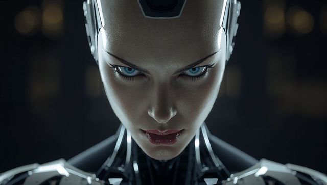 Intense female android staring with cranial plate and glowing blue optical implants