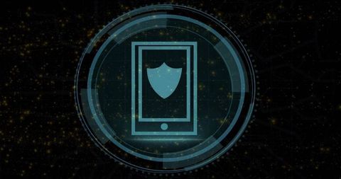 Cyan Shield Icon on Device with Digital Network Background