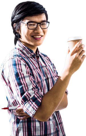 Transparent Cheerful Businessman Holding Coffee with Glasses and Plaid Shirt