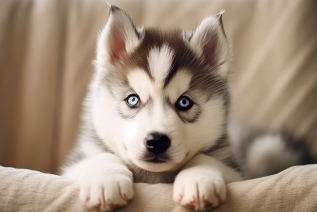 Portrait of cute siberian husky puppy lying on blanket, created using generative ai technology. Animal, puppy, pet and dog concept digitally generated image.