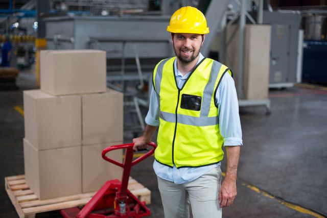 Factory worker wearing safety vest and hard hat pulling a trolley loaded with cardboard boxes in a warehouse. Ideal for use in articles or advertisements related to industrial work, logistics, shipping, and warehouse operations.
