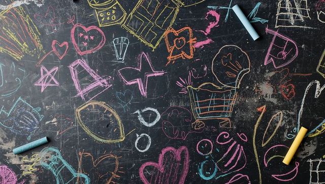 Playful chalkboard doodles covering classroom blackboard with colorful chalk sticks