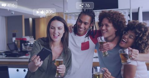 Diverse Friends Taking Selfie Celebrating with Beer