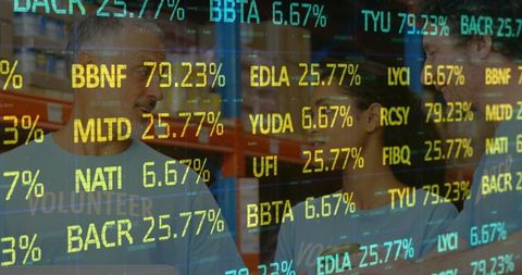 Volunteers in warehouse amid stock market data overlay