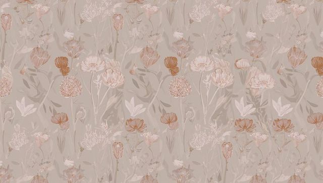 Muted blush botanical wallpaper pattern with poppy allium tulip hand-drawn watercolor