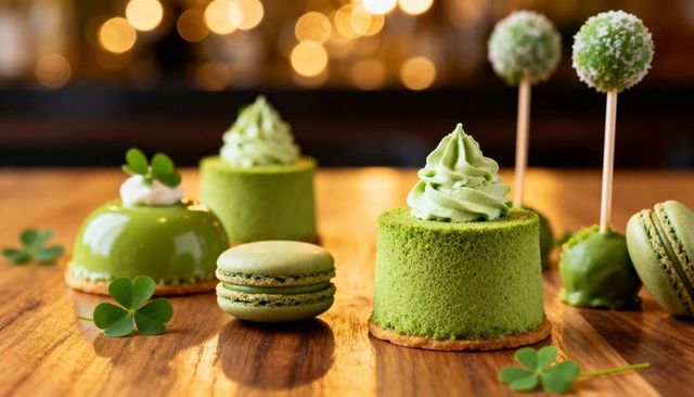 Matcha pistachio mini cakes with cream swirl, macarons and cake pops on wooden table