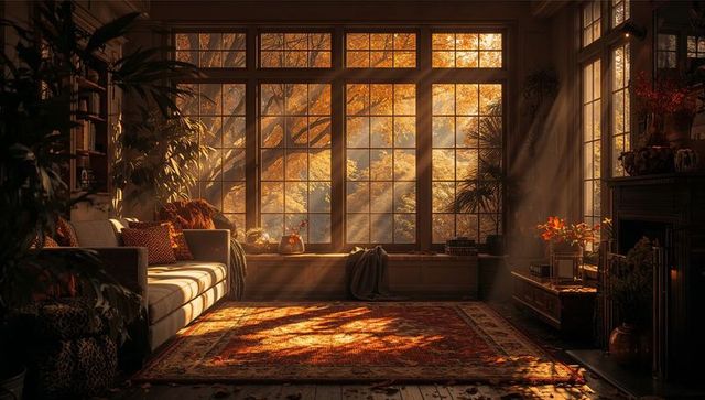 Sunlit Autumn Living Room Bathing in Golden Light Through Paned Window, Cozy Fireplace Retreat