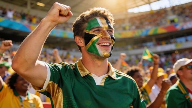 Young male fan with jamaican face paint cheering in packed stadium, green gold jersey