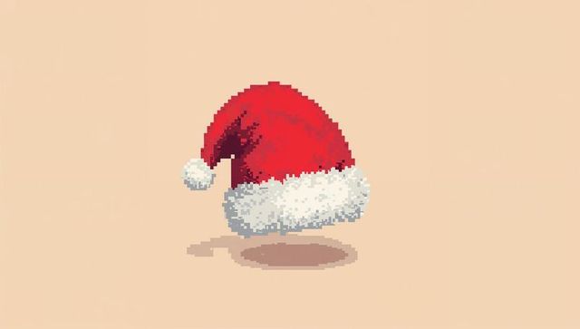 Pixel santa hat floating on pale beige background retro 8-bit festive icon