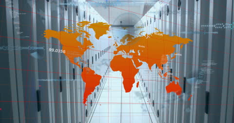 Digital World Map Overlay in Modern Data Server Room