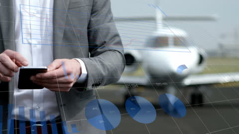 Businessman Analyzing Data Charts On Digital Tablet Near Private Jet