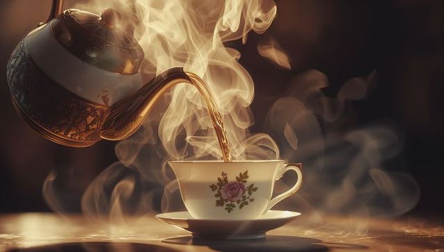 Vintage Teapot Pouring Hot Tea into Decorative Cup