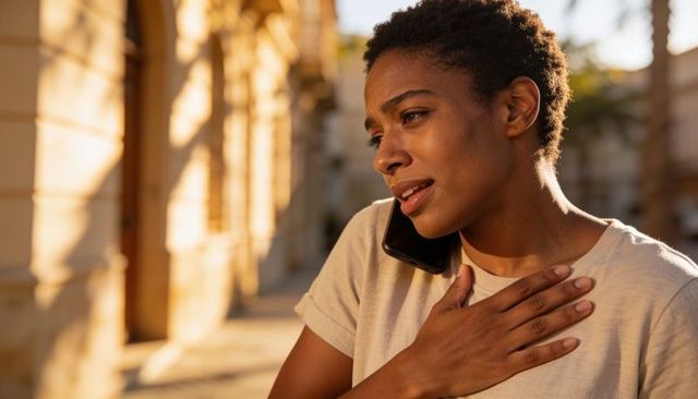 Young woman talking on smartphone while touching chest on sunlit urban colonnade