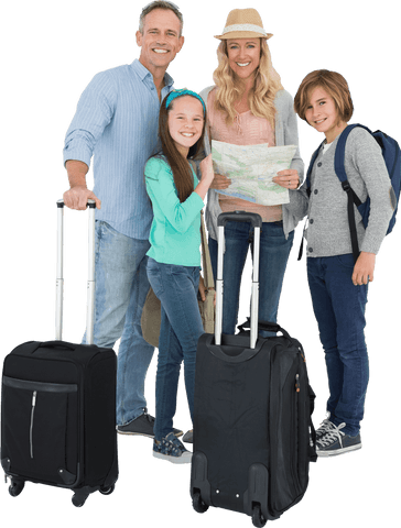 Happy Family Traveling with Suitcases Isolated on Transparent Background