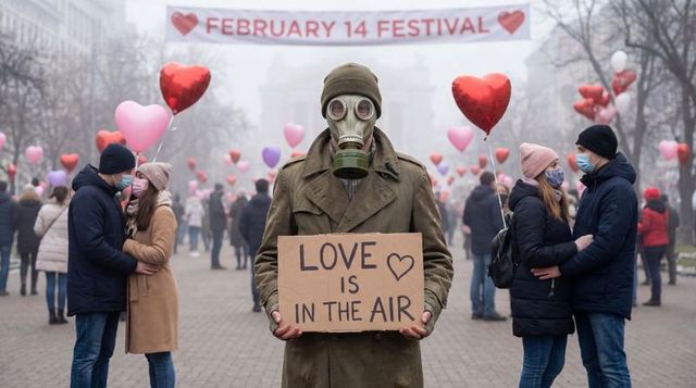 Wearing gas mask and holding sign reading love is in air at february 14 festival in fog