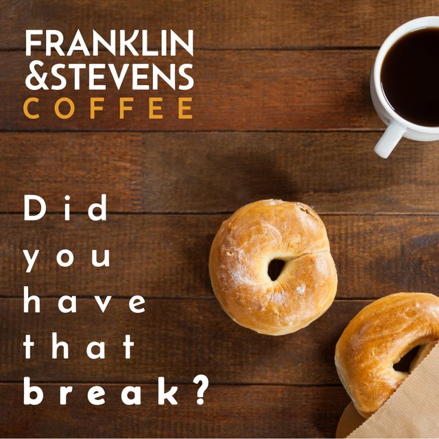 Image features Franklin & Stevens Coffee branding along with two bagels and a mug of coffee positioned on a rustic wooden table. Great for coffee shop advertisements, food blogs, or social media posts promoting breakfast items and coffee.