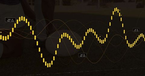 Athlete placing foot on soccer ball with yellow waveform analytics overlay