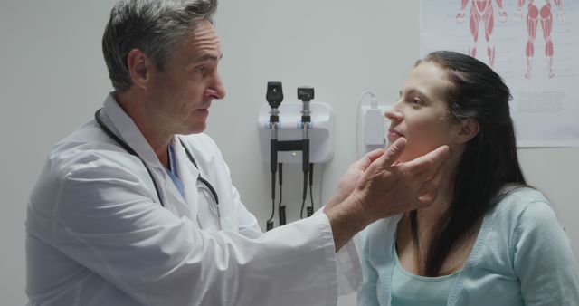 Senior doctor examining young woman's throat in medical office. ideal for use in healthcare, medical services, or health clinic related content. It portrays a routine health examination, emphasizing professional medical care and patient trust.