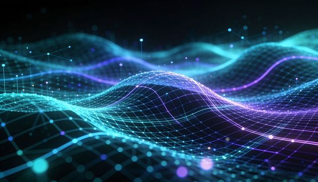 Glowing neon data waveform mesh flowing through cyber grid luminous nodes, ai topology