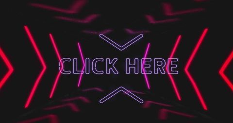 Neon click here tunnel with pulsing chevrons and futuristic glowing corridor