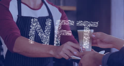 NFT Encryption Hologram Over Coffee Shop Interaction