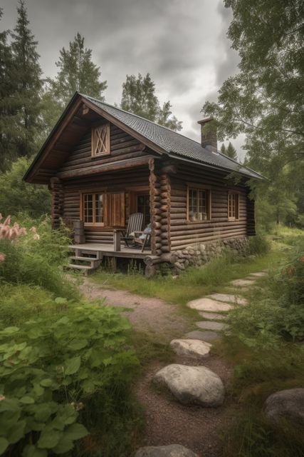 Rustic log cabin nestled in dense forest with overcast sky. Perfect for travel magazines, vacation rentals, wildlife memoir fit settings.